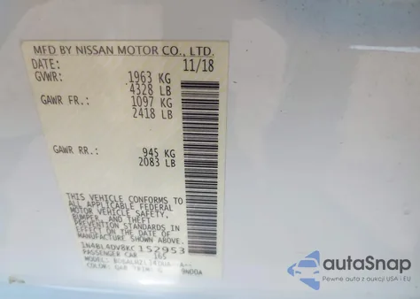 2019 Nissan Altima 2.5 Sv from USA, damaged, VIN 1N4BL4DV8KC152953
